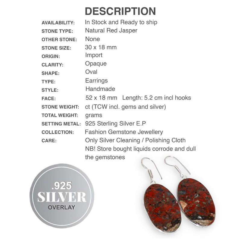 Natural Red Jasper Oval Gemstone set in .925 Sterling Silver Plated Handmade Earrings
