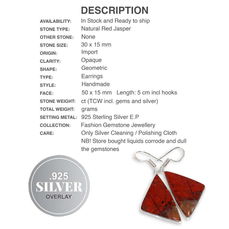 Natural Red Jasper Geometric Gemstone set in .925 Sterling Silver Plated Handmade Earrings