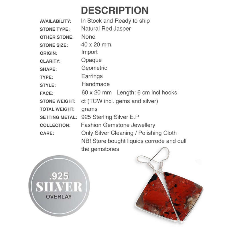 Natural Red Jasper Geometric Gemstone set in .925 Sterling Silver Plated Handmade Long Earrings