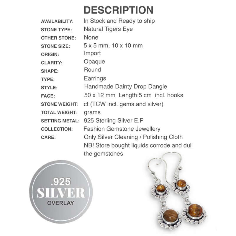 Dainty Natural Tigers Eye Round Gemstones set in .925  Sterling Silver Plated Handmade Earrings