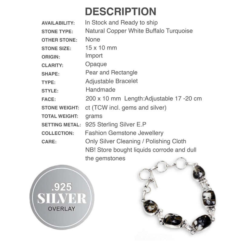 Natural White Buffalo Turquoise Mixed Shape Gemstone set in .925 Sterling Silver Plated Adjustable B