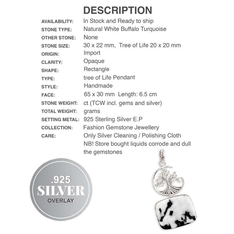 Natural White Buffalo Turquoise Gemstone set in .925 Sterling Silver Plated Tree of Life Pendant