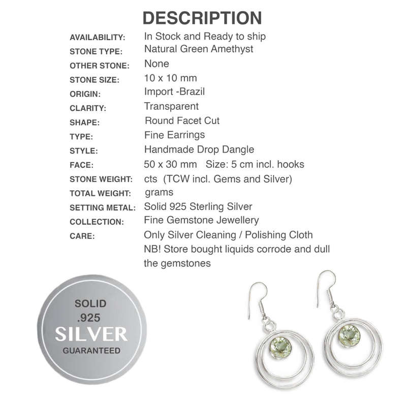 Natural Green Amethyst Round Gemstones set in Solid .925 Sterling Silver Earrings