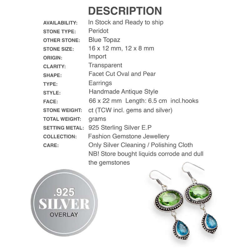 Peridot and Blue Topaz set in  .925 Sterling Silver Plated Handmade Long Earrings