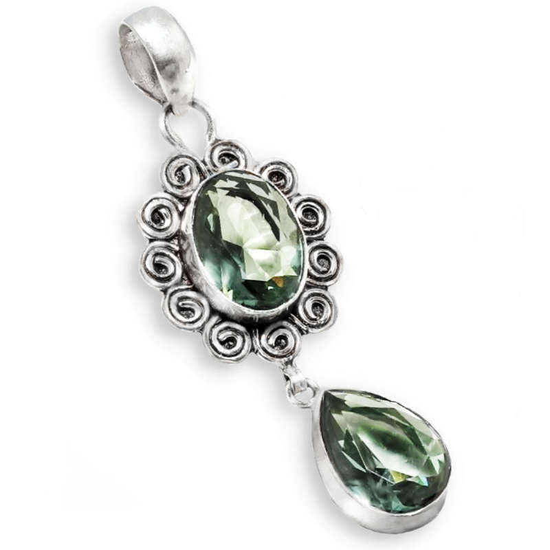 Antique Style Green Amethyst  Mixed Shapes set in 925 Sterling Silver Plated Handmade Pendant