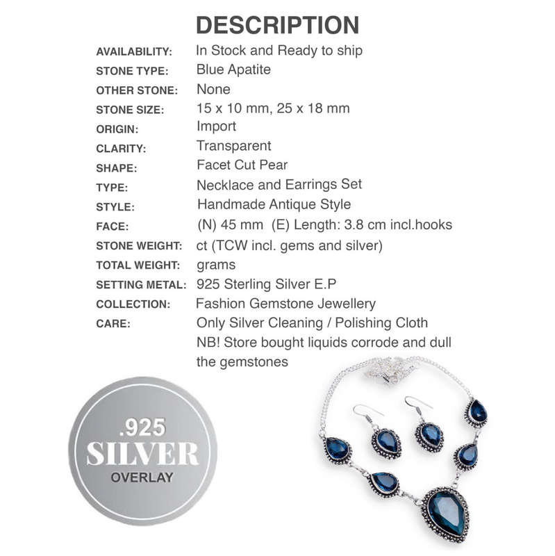 Blue Apatite Pears set in .925 Sterling Silver Plated Antique Style Necklace & Earrings Set