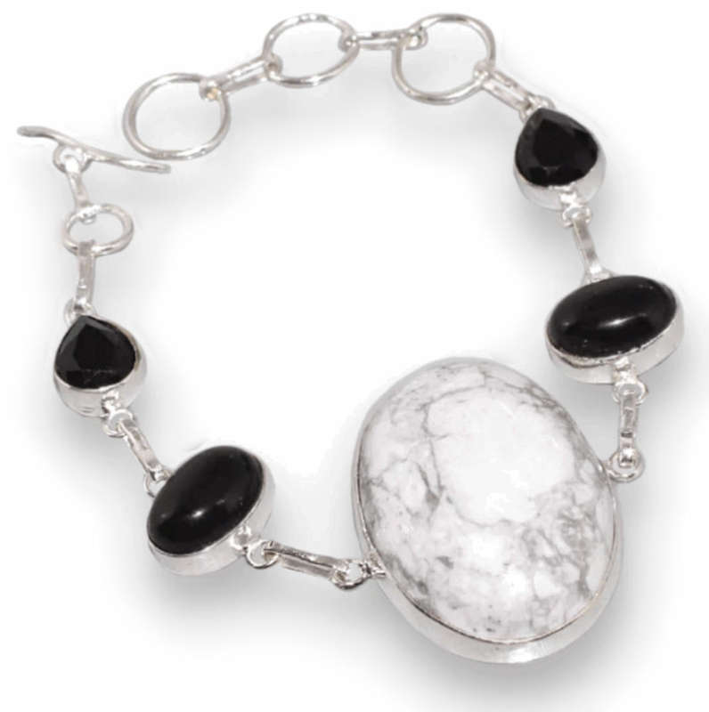 Natural Howlite and Black Onyx Gemstone set in .925 Sterling Silver Plated Handmade Bracelet