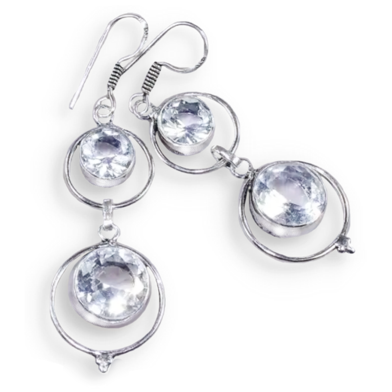 Clear Quartz Facet Cut Rounds set in .925 Sterling Silver Handmade Earrings