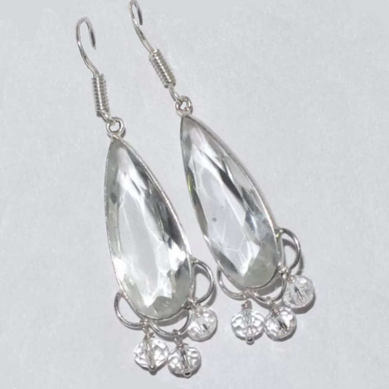 Clear Quartz Long Pear Shape set in.925 Sterling Silver Plated Dangle Earrings