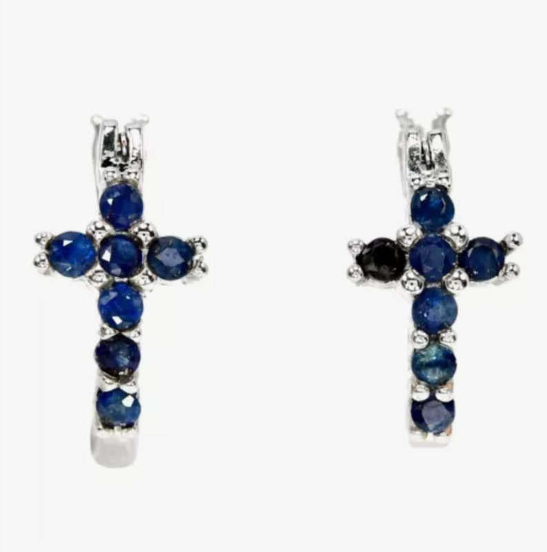 14 Genuine Blue Sapphires set in Solid .925 Sterling Silver 14K White Gold Cross Set Huggie Earrings
