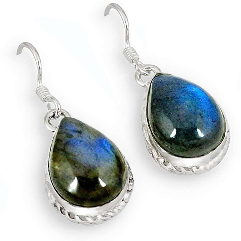 Natural Blue Fire Labradorite Pear Shape Gemstone set in Solid .925 Silver Earrings
