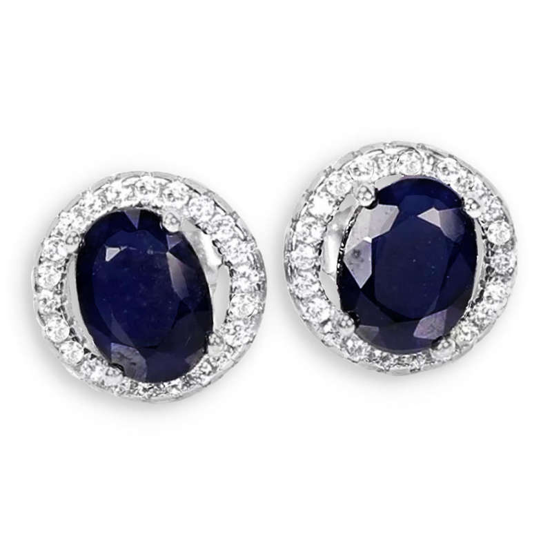 Genuine Deep Blue Sapphire and White CZ set in Solid .925 Sterling Silver 14K W/Gold Stud Earrings