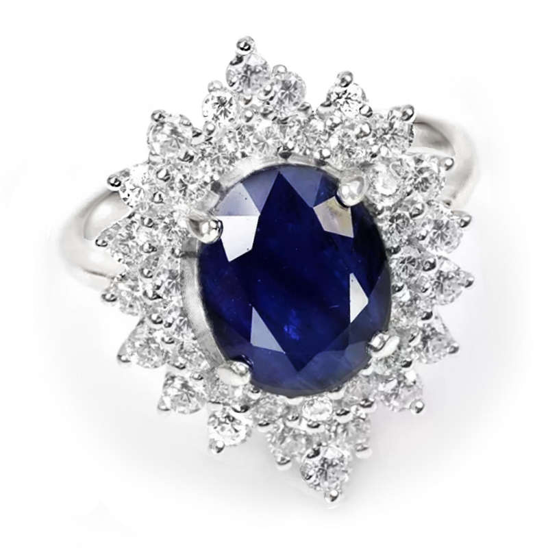 Deluxe Natural Blue Sapphire & White Cubic Zirconia in Solid 925 Silver 14K W/Gold Ring Size 7 / O