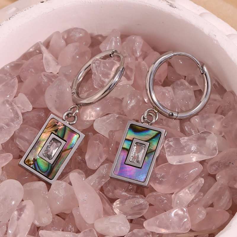 Natural Abalone Shell and White Zircon Gemstone Hypoallergenic Stainless Steel Huggie Earrings