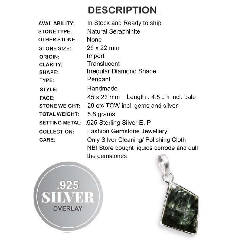 Natural Seraphinite Diamond Shape Gemstone set in .925 Sterling Silver Plated Handmade Pendant