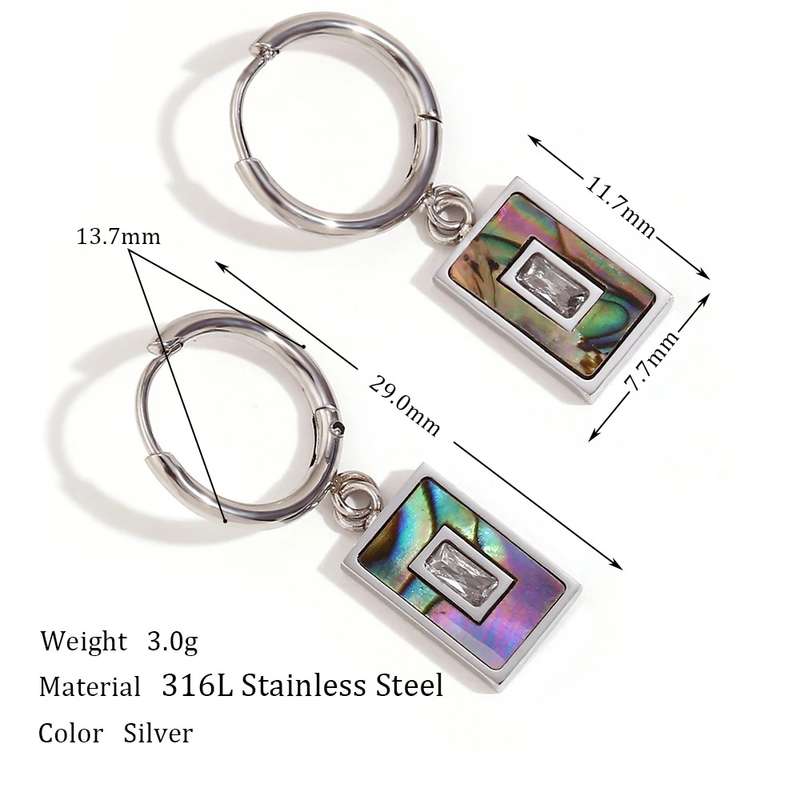 Natural Abalone Shell and White Zircon Gemstone Hypoallergenic Stainless Steel Huggie Earrings