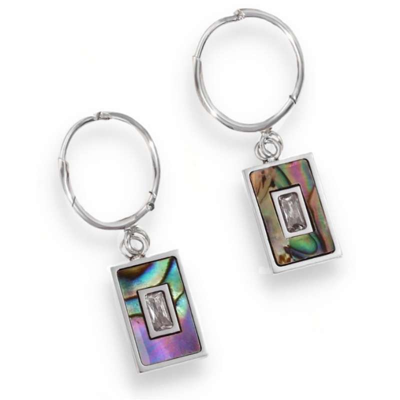 Natural Abalone Shell and White Zircon Gemstone Hypoallergenic Stainless Steel Huggie Earrings