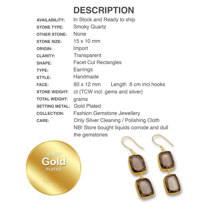 Faceted Smoky Topaz Square Shape Gemstones set in Gold Plated Handmade Dangle Earrings