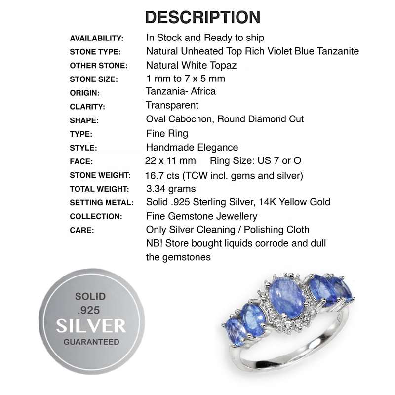 Natural Unheated Tanzanite and White Topaz set in Solid .925 Sterling Silver Ring Size US 7 or O