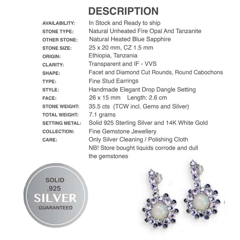 Deluxe Natural Unheated Full Rainbow Fire Opal, Tanzanite, Sapphire Gemstone 925 Sterling Silver 14K