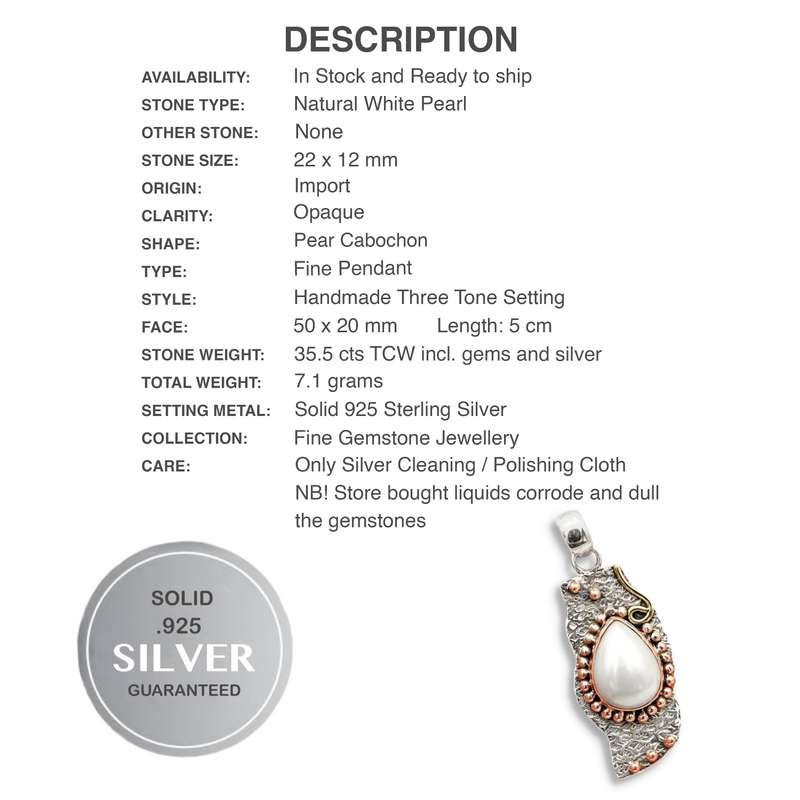 Three Tone Natural White Pearl set in  Solid .925 Sterling Silver Pendant