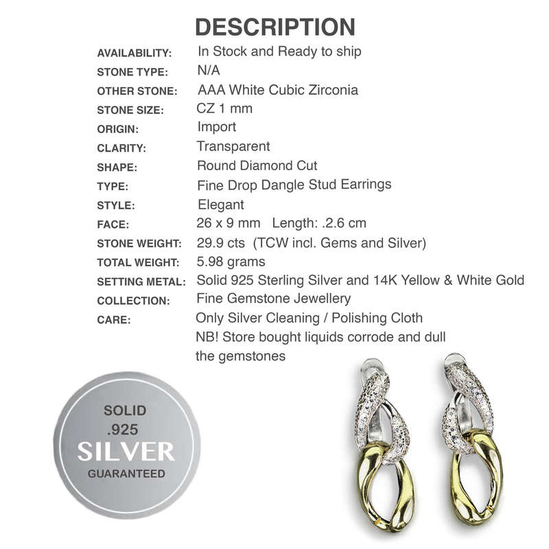 Two Tone AAA Diamond Cut AAA White CZ Solid .925 Silver 14K White and Yellow Gold Earrings