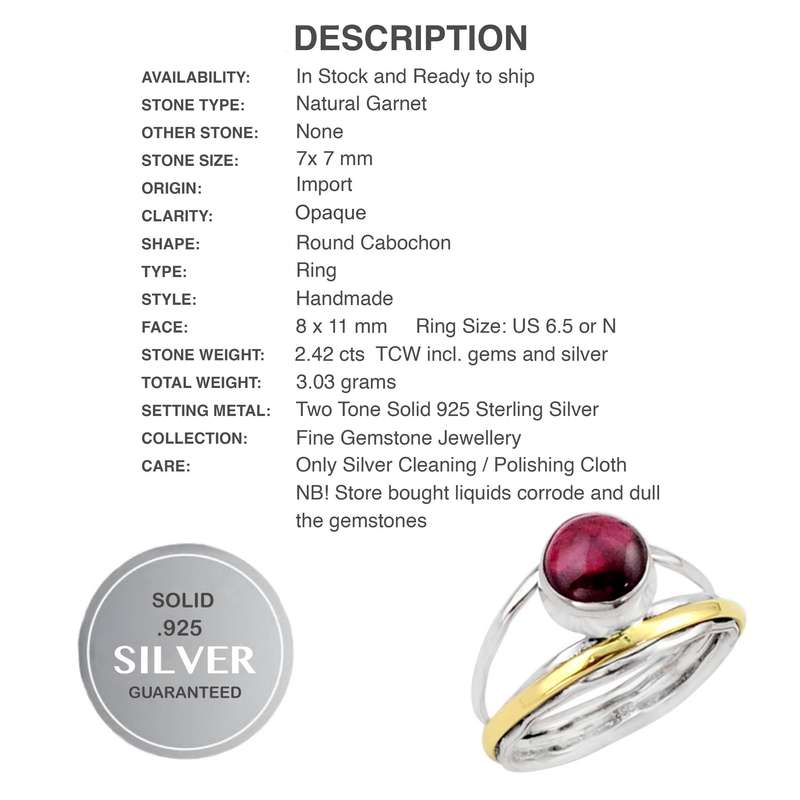 Natural Round Garnet set in Two Tone Solid .925 Sterling Silver Ring Size US 6.5 /N