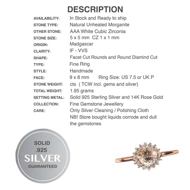 Deluxe Rose Gold Natural Morganite White Cubic Zirconia Solid .925 Sterling Silver Ring Size 7.5 /P