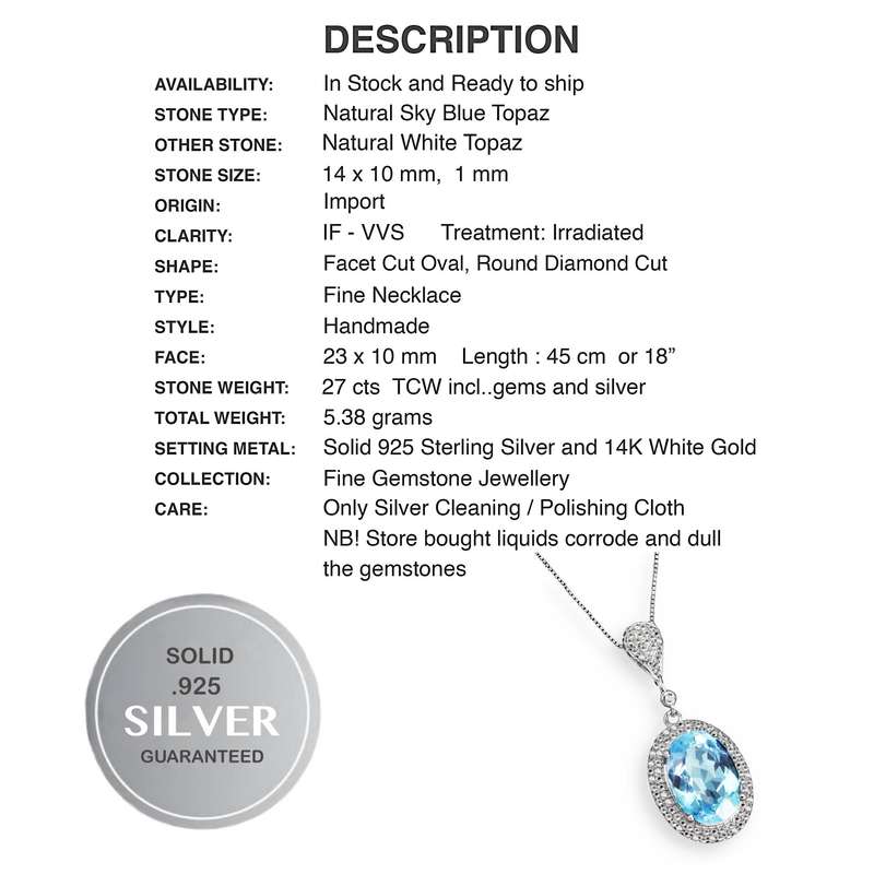 Natural Blue Topaz Oval and White Topaz Gemstones set in Solid .925 Silver 14K White Gold Necklace