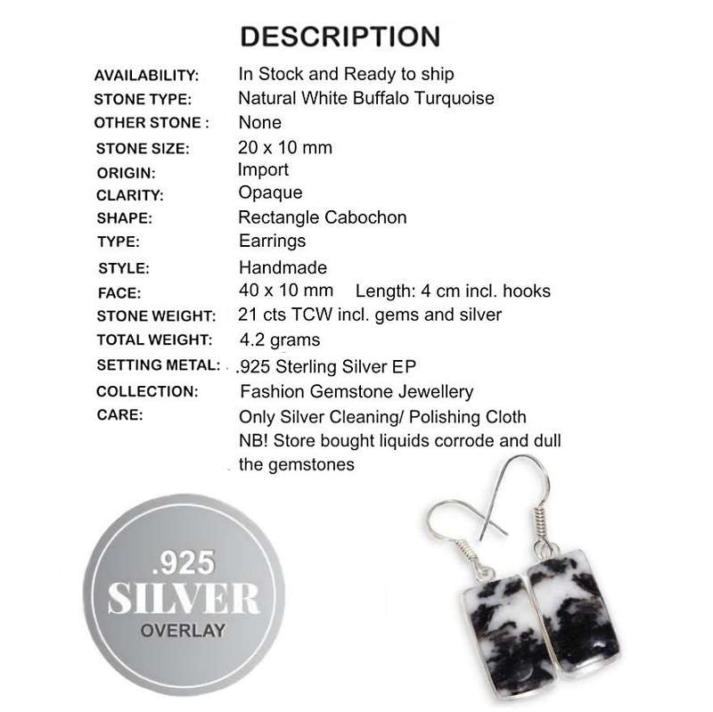 Dainty Natural White Buffalo Turquoise Gemstone set in.925 Sterling Silver Plated Handmade Earrings