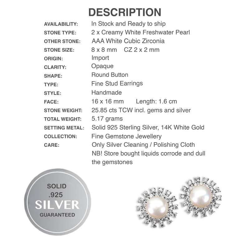 Deluxe 8mm Natural Freshwater White Pearl, White CZ Solid .925 Silver 14K White Gold Stud Earrings