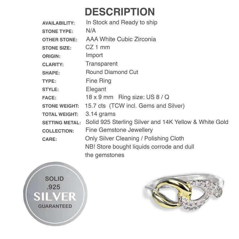 Two Tone AAA Diamond Cut AAA White CZ Solid .925 Silver 14K White and Yellow Gold Ring Size US 8 /Q