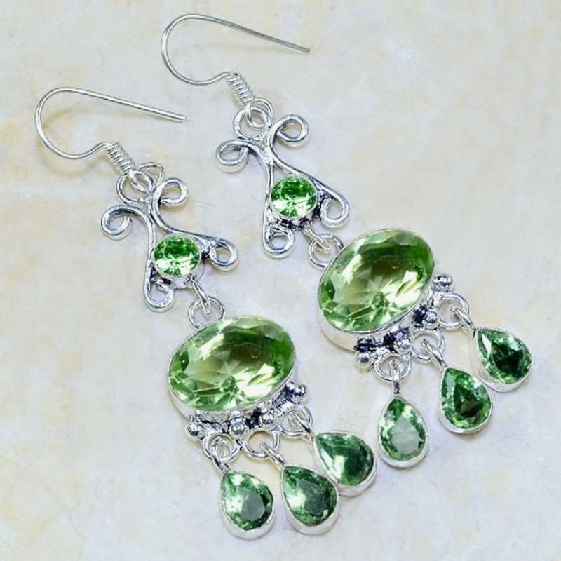 Exquisite Green Amethyst Mixed Shape Gemstones in .925 Sterling Silver Plated Chandelier Earrings