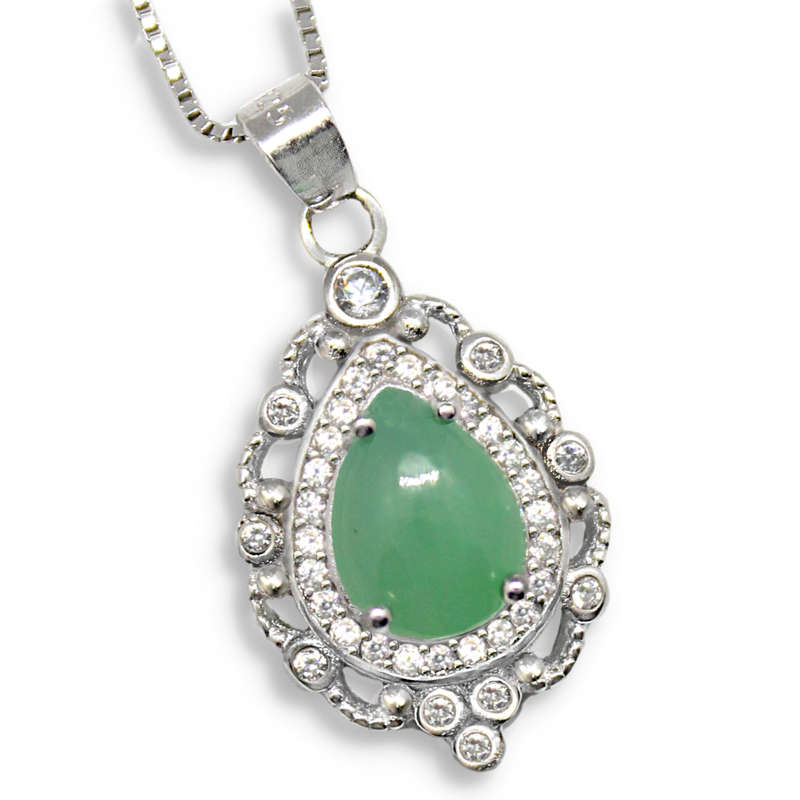 Natural Unheated Brazilian Chrysoprase & White CZ Gemstone in Solid. 925 Silver 14K White Gold Neckl