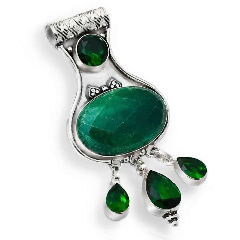 Antique Style Indian Emerald set in 925 Sterling Silver Plated Handmade Pendant