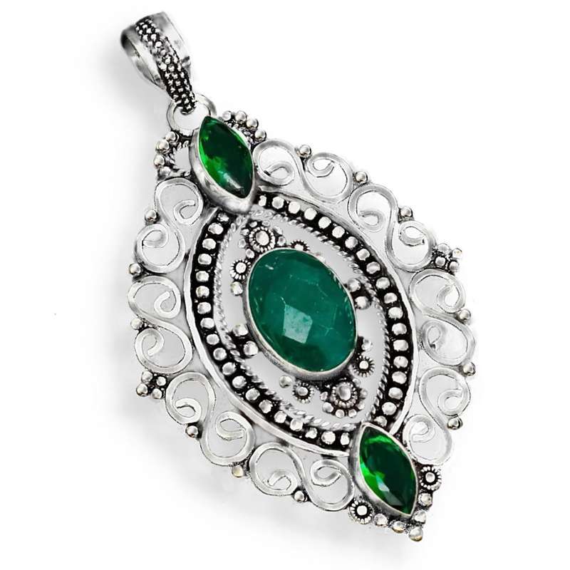 Antique Style Indian Emerald set in 925 Sterling Silver Plated Handmade Ornate Pendant