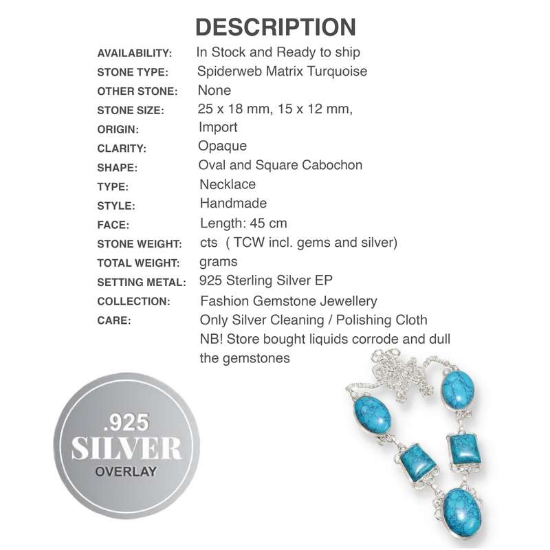 Spider Web Matrix Turquoise Gemstones set in Antique Style .925 Sterling Silver Plated  Necklace