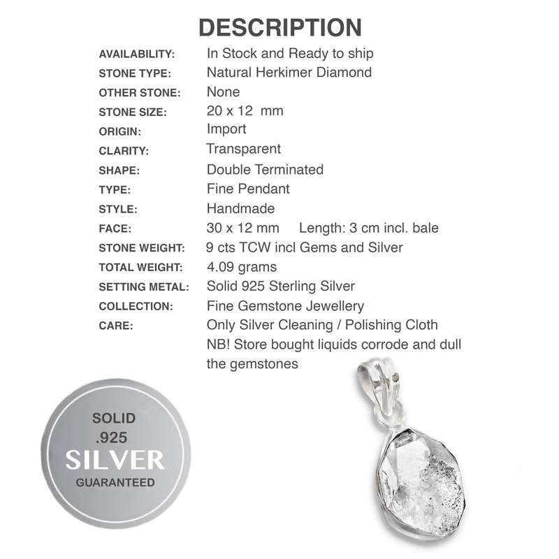 Natural Herkimer Diamond Rough Gemstone set in Solid .925 Sterling Silver Pendant