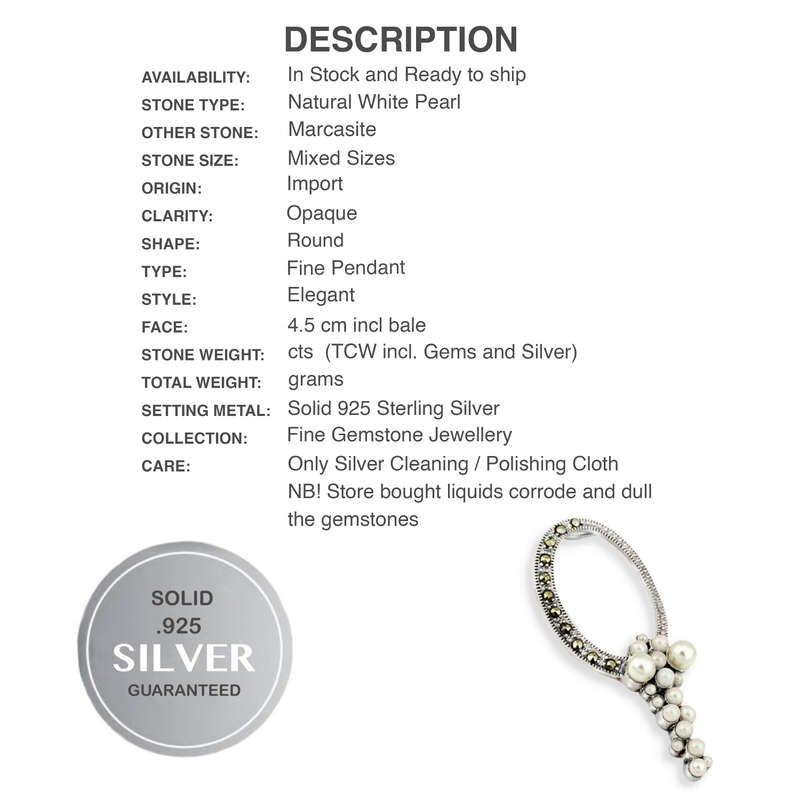 Natural White Pearl and Marcasite set in Solid.925 Sterling Silver Elegant Pendant