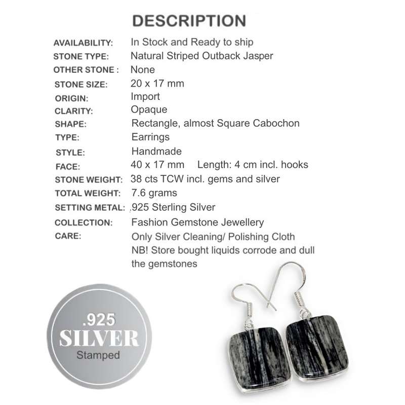 Natural Striped Outback Jasper Rectangle Gemstone set in .925 Sterling Silver Plated Earrings