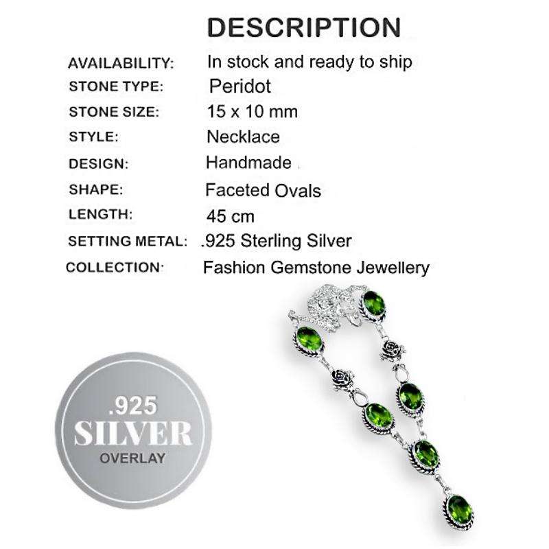 Peridot Ovals with Rose Charm set in .925 Sterling Silver Plated Handmade Necklace