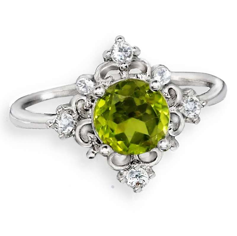 Natural Unheated Round Peridot White CZ Gemstone set in Solid .925 Sterling Silver Ring Size 7 / 0