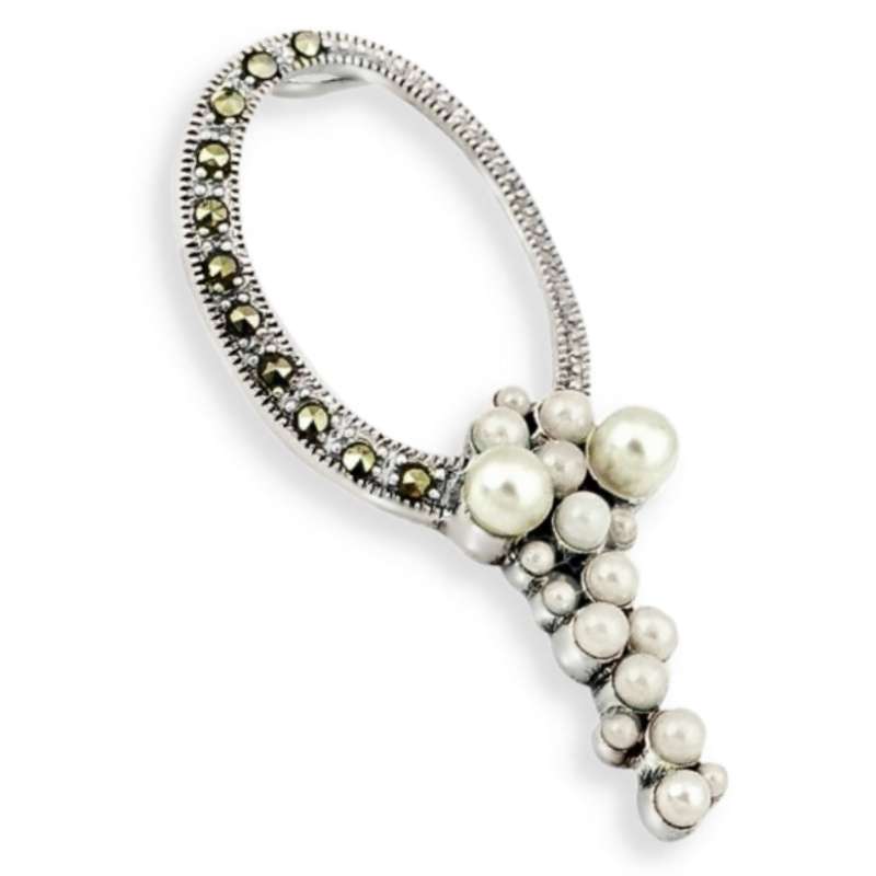 Natural White Pearl and Marcasite set in Solid.925 Sterling Silver Elegant Pendant