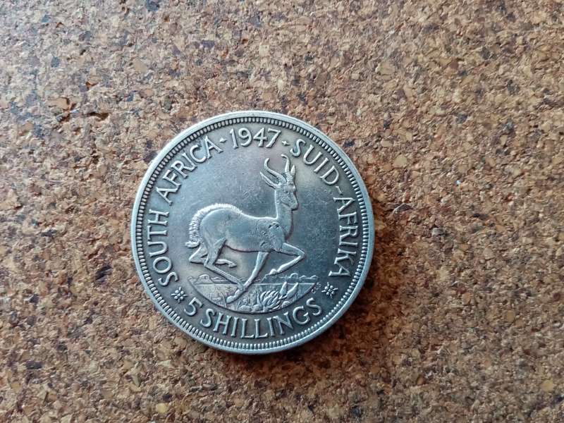 1947 Silver (80%) 5 Shilling South African Coin (Extremely Fine!)