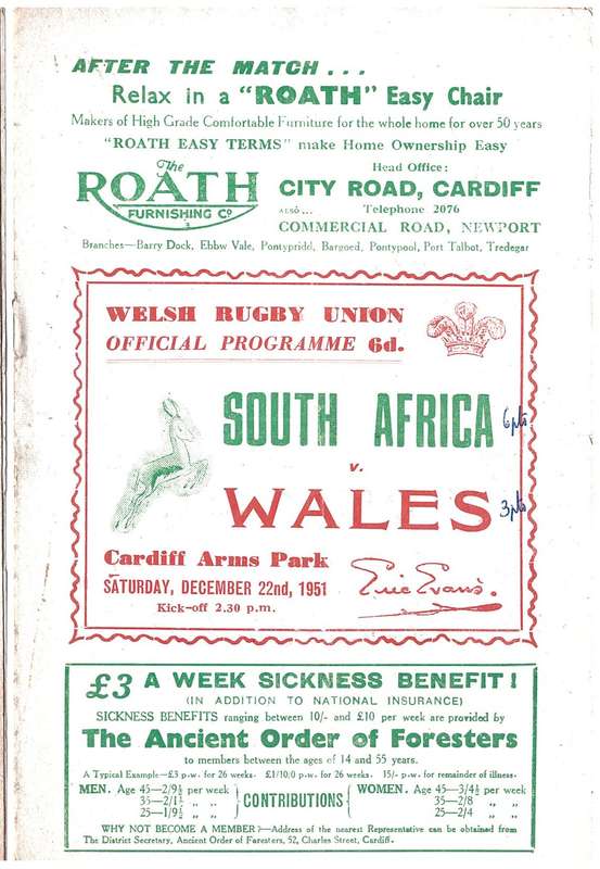 Rugby Programme Wales vs South Africa 22/121951