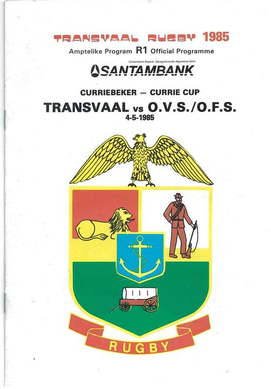 Rugby Programme  Transvaal vs OFS 1985