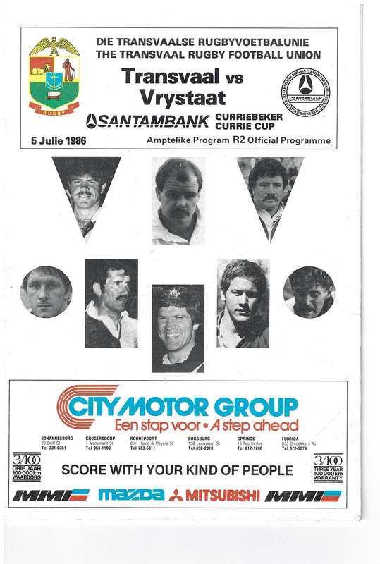 Rugby Programme Tvl vs Free State 1986 Ellis Park