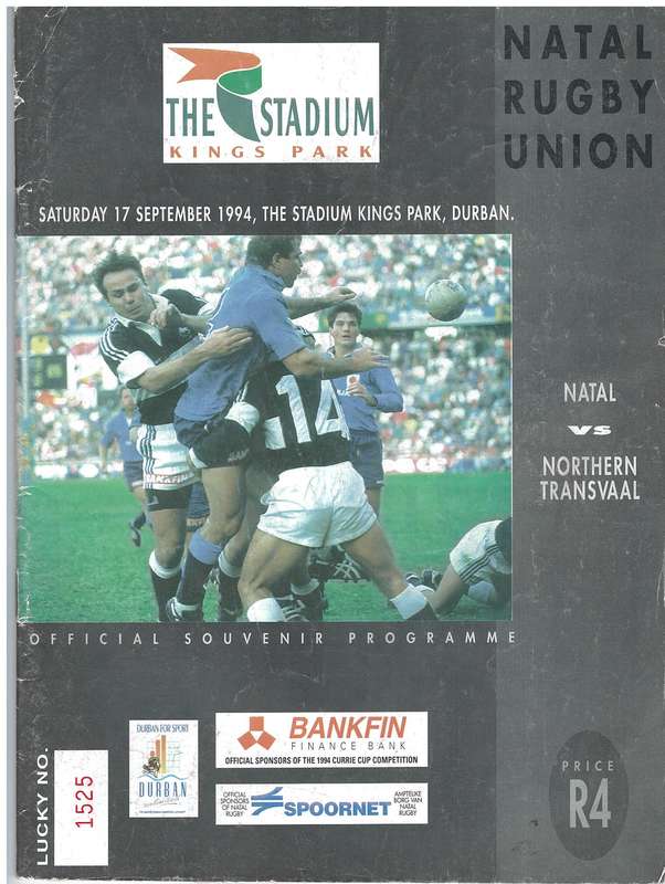 Rugby Programme Natal vs N Tvl 1994 Kings Park