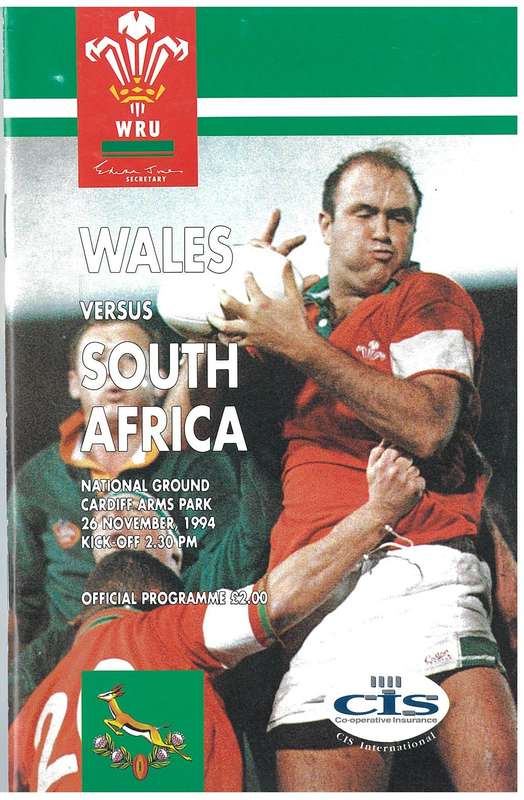 Rugby Programme Wales vs Springboks 1994