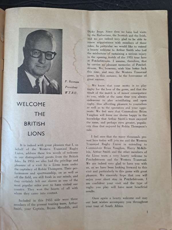Rugby programme Western Transvaal v British & Irish Lions 2/6/1962 VERY SCARCE. See condition below